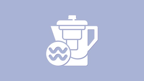 Bílá voda džbán s ikonou filtru izolované na fialovém pozadí. Grafická animace pohybu videa 4K — Stock video