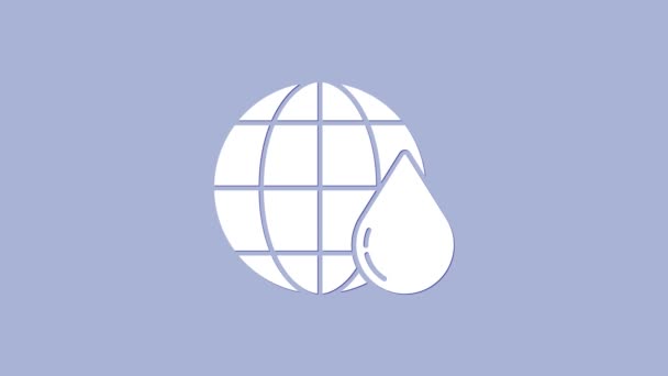 White Earth planet in water drop icon isolated on purple background. World globe. Saving water and world environmental protection. 4K Video motion graphic animation — Stock Video