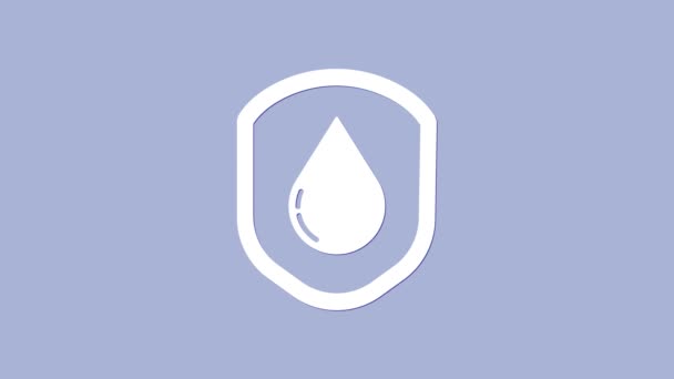 Белый водонепроницаемый значок на фиолетовом фоне. Водонепроницаемая или жидкостная защита. Видеографическая анимация 4K — стоковое видео