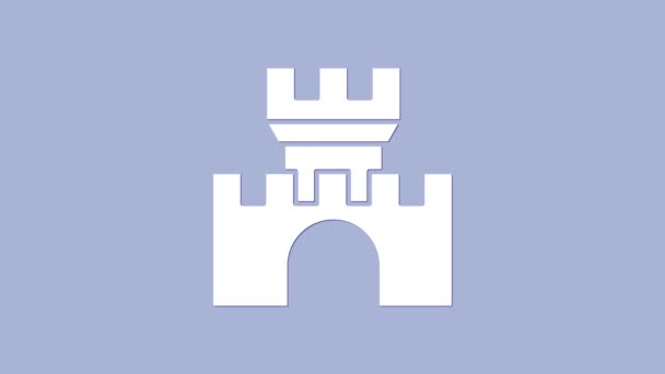 Ikone der Weißen Burg isoliert auf violettem Hintergrund. Mittelalterliche Festung mit Turm. Schutz vor Feinden. Verlässlichkeit und Verteidigung der Stadt. 4K Video Motion Grafik Animation — Stockvideo