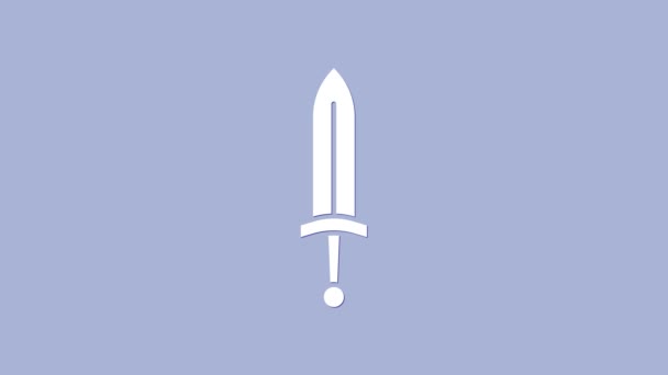 Beyaz Ortaçağ kılıç ikonu, mor arka planda izole edilmiş. Ortaçağ silahı. 4K Video hareketli grafik canlandırması — Stok video