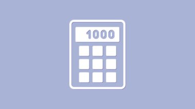 Mor arkaplanda beyaz hesap makinesi simgesi izole edildi. Muhasebe sembolü. İş hesaplamaları matematik eğitimi ve finans. 4K Video hareketli grafik canlandırması
