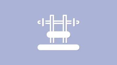 Beyaz benç ve mor arka planda yalıtılmış barbel simgesi. Spor aletleri. Vücut geliştirme, ağırlık kaldırma, fitness konsepti. 4K Video hareketli grafik canlandırması