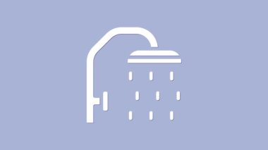 Mor zemin üzerinde su damlaları akan bir ikon bulunan beyaz duş başlığı. 4K Video hareketli grafik canlandırması