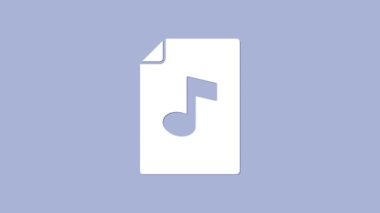 Mor arkaplanda izole edilmiş nota simgesine sahip beyaz müzik kitabı. Notalı nota kağıdı. Müzik notaları için not defteri. 4K Video hareketli grafik canlandırması