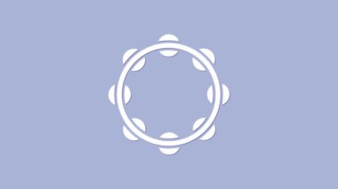 Beyaz müzik aleti perküsyon tef, metal plaka ikonu mor arka planda izole. 4K Video hareketli grafik canlandırması