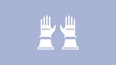 Beyaz itfaiyeci eldivenleri ikonu, mor arka planda izole edilmiş. Eldiven ikonunu koru. 4K Video hareketli grafik canlandırması