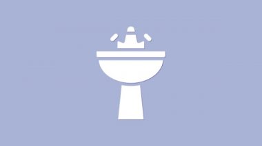 Mor arka planda su musluğu ikonu olan beyaz lavabo. 4K Video hareketli grafik canlandırması