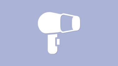 Beyaz saç kurutma makinesi simgesi mor arkaplanda izole edilmiş. Saç kurutma makinesi tabelası. Saç kurutma sembolü. Sıcak hava üflüyor. 4K Video hareketli grafik canlandırması