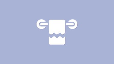 Mor arka planda izole edilmiş bir askı simgesi üzerinde beyaz havlu. Banyo havlusu ikonu. 4K Video hareketli grafik canlandırması