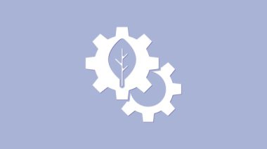 Beyaz Yaprak bitki ekolojisi, mor arka planda izole edilmiş vites makinesi ikonu. Çevre dostu teknoloji. Dünya Çevre Günü etiketi. 4K Video hareketli grafik canlandırması