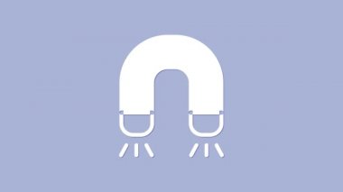 Mor arkaplanda beyaz mıknatıs simgesi var. At nalı mıknatısı, manyetizma, manyetizma, çekim. 4K Video hareketli grafik canlandırması