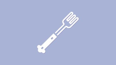 Beyaz Çatal simgesi mor arkaplanda izole edilmiş. Çatal bıçak sembolü. 4K Video hareketli grafik canlandırması