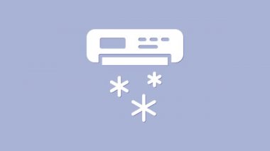 Mor arkaplanda izole edilmiş beyaz klima simgesi. Sistemin havalandırmasını böl. Soğuk ve soğuk iklim kontrol sistemi. 4K Video hareketli grafik canlandırması