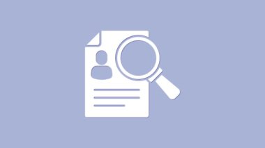 Beyaz Belge, mor arkaplanda izole edilmiş cam büyüteç simgesi. Kanıt sembolü. 4K Video hareketli grafik canlandırması