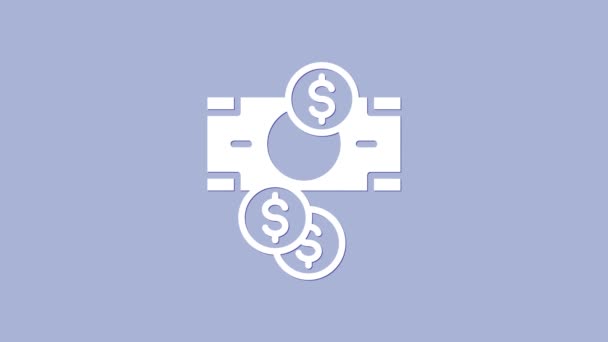 White Stacks papel moneda dinero en efectivo y moneda con símbolo de dólar icono aislado sobre fondo púrpura. Billetes de dinero apilados. Animación gráfica de vídeo 4K — Vídeos de Stock