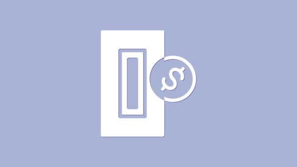 Mano blanca insertando moneda en una ranura en una máquina expendedora o máquina arcade icono aislado sobre fondo púrpura. Animación gráfica de vídeo 4K — Vídeos de Stock