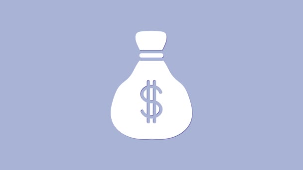 White Money bag icon isolated on purple background. Dollar or USD symbol. Cash Banking currency sign. 4K Video motion graphic animation — Stock Video
