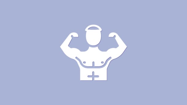 White Bodybuilder showing his muscles icon isolated on purple background. Fit fitness strength health hobby concept. 4K Video motion graphic animation — Stock Video