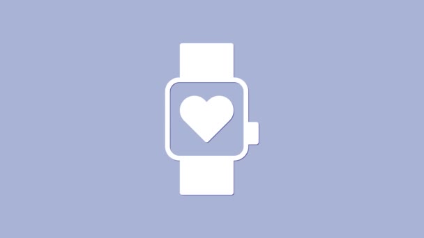 Vit Smart klocka visar pulsikonen isolerad på lila bakgrund. Fitness App koncept. 4K Video motion grafisk animation — Stockvideo