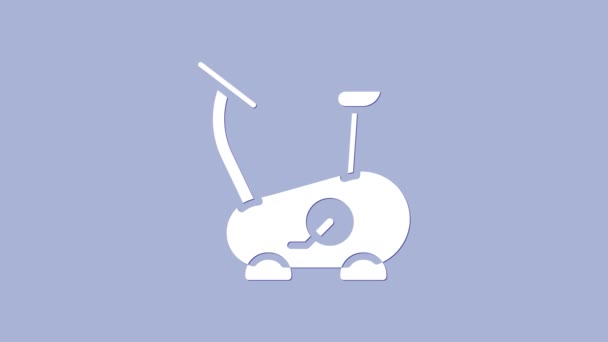 Icona bianca per bicicletta fissa isolata su sfondo viola. Esercizio in bicicletta. Animazione grafica 4K Video motion — Video Stock