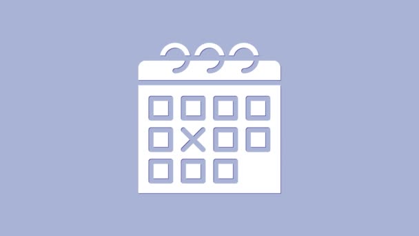 Ікона фітнесу білого календаря ізольована на фіолетовому фоні. Тренувальний графік. 4K Відеографічна анімація — стокове відео