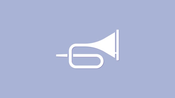 Bílá hudební nástroj trumpeta ikona izolované na fialovém pozadí. Grafická animace pohybu videa 4K — Stock video
