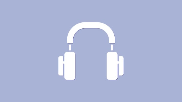 Fehér fejhallgató ikon elszigetelt lila háttér. Fülhallgató. Koncepció zenehallgatáshoz, szolgáltatáshoz, kommunikációhoz és operátorhoz. 4K Videó mozgás grafikus animáció — Stock videók