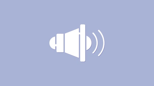 Lautstärke des weißen Lautsprechers, Audio-Sprachton-Symbol, Medienmusik-Symbol isoliert auf violettem Hintergrund. 4K Video Motion Grafik Animation — Stockvideo