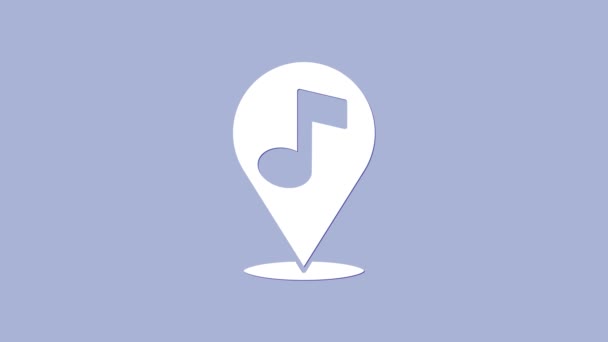 White Location music note icon isolated on purple background. Музыка и звуковая концепция. Видеографическая анимация 4K — стоковое видео