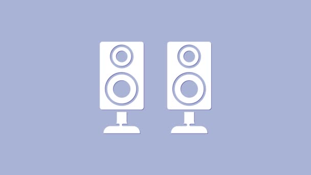 Белый иконка динамика Stereo изолирована на фиолетовом фоне. Звуковые динамики. Музыкальный символ. Музыкальное оборудование для колонн. Видеографическая анимация 4K — стоковое видео