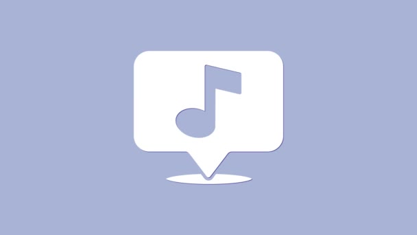Белая музыкальная нота в речи иконка пузыря выделена на фиолетовом фоне. Музыка и звуковая концепция. Видеографическая анимация 4K — стоковое видео