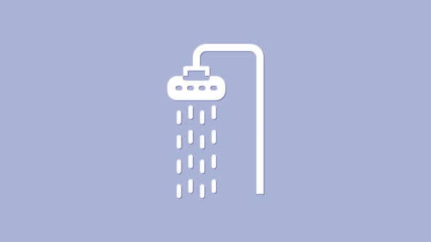 Fehér zuhanyfej vízcseppek áramló ikon elszigetelt lila háttér. 4K Videó mozgás grafikus animáció — Stock videók