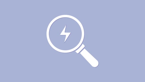 Weiße Lupe mit Blitz-Symbol auf violettem Hintergrund. Blinkzeichen. Ladung blitzt auf. Blitzschlag. Blitzschlag. 4K Video Motion Grafik Animation — Stockvideo
