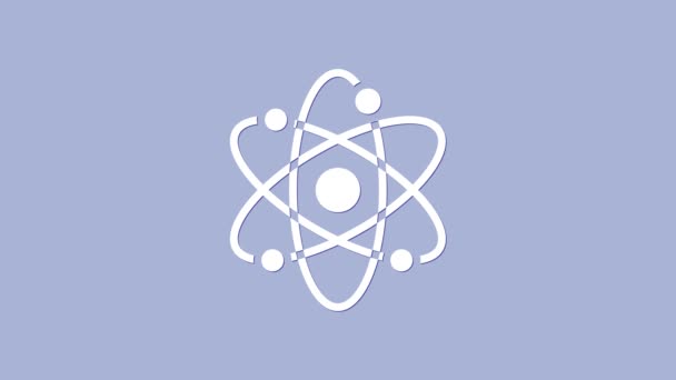Fehér Atom ikon elszigetelt lila háttér. A tudomány, az oktatás, a nukleáris fizika és a tudományos kutatás szimbóluma. 4K Videó mozgás grafikus animáció — Stock videók