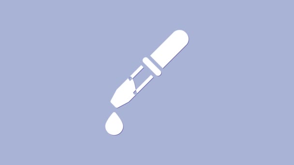Biała ikona pipety izolowana na fioletowym tle. Element wyposażenia medycznego, chemicznego laboratorium. Pipeta z kroplą. Symbol medycyny. 4K Animacja graficzna ruchu wideo — Wideo stockowe