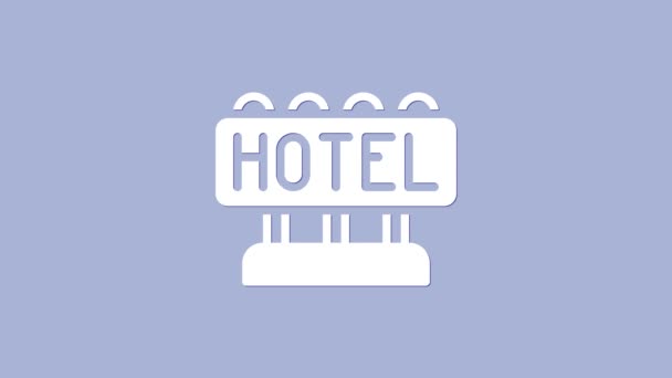 紫色の背景に隔離されたテキストホテルのアイコンとホワイト看板屋外広告。4Kビデオモーショングラフィックアニメーション — ストック動画