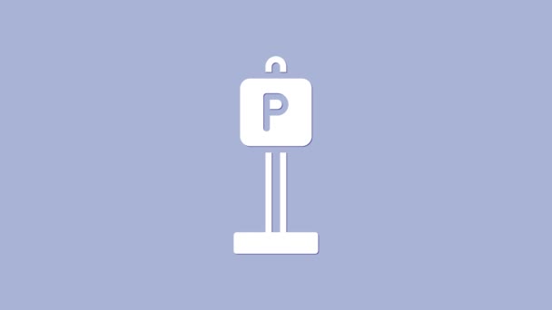 Ikon Parkir Putih terisolasi pada latar belakang ungu. Tanda jalan. Animasi grafis gerak Video 4K — Stok Video