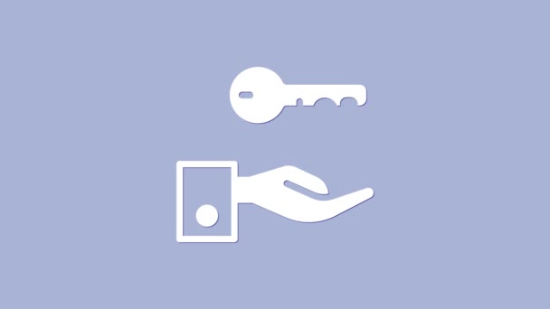 白色酒店大门锁匙图标隔离在紫色背景.4K视频运动图形动画 — 图库视频影像