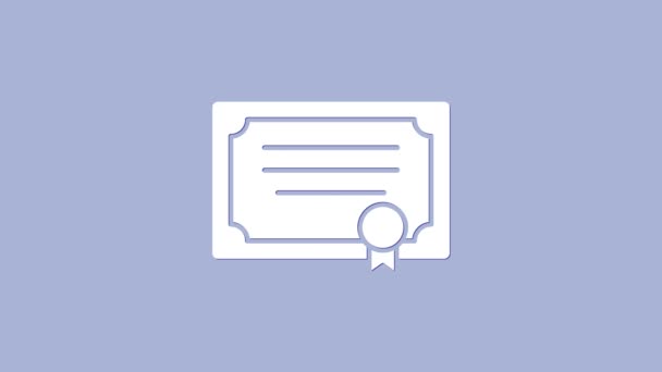 Icono de plantilla de certificado blanco aislado sobre fondo púrpura. Logro, premio, título, beca, conceptos de diploma. Animación gráfica de vídeo 4K — Vídeos de Stock