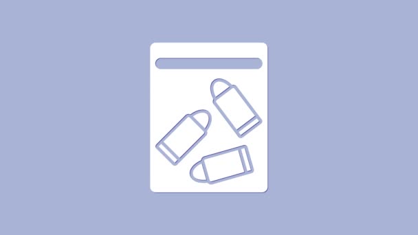 Fehér bizonyíték táska és golyó ikon elkülönítve lila alapon. 4K Videó mozgás grafikus animáció — Stock videók