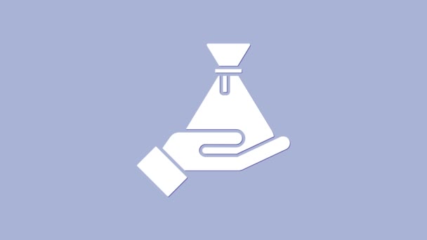 Ikona worka z białą łapówką na fioletowym tle. Pieniądze. 4K Animacja graficzna ruchu wideo — Wideo stockowe