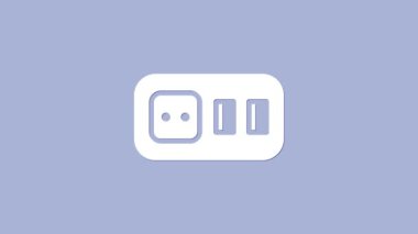 Mor arkaplanda beyaz elektrik çıkış simgesi izole edildi. Elektrik prizi. Rosette sembolü. 4K Video hareketli grafik canlandırması