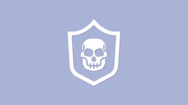 Beyaz Kalkan, mor arka planda izole edilmiş korsan kafatası ikonu. 4K Video hareketli grafik canlandırması