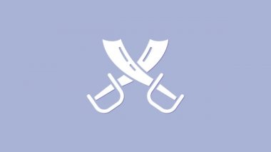 Mor arka planda beyaz haçlı korsan kılıcı ikonu var. Kılıç işareti. 4K Video hareketli grafik canlandırması