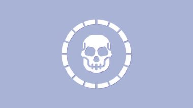 Beyaz Korsan madeni para simgesi mor arkaplanda izole edilmiş. 4K Video hareketli grafik canlandırması