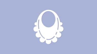 Beyaz bebek önlüğü simgesi mor arkaplanda izole edilmiş. 4K Video hareketli grafik canlandırması