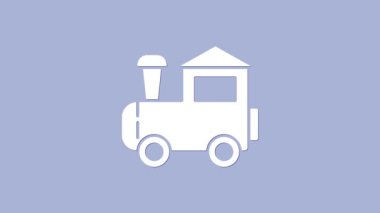 Beyaz oyuncak tren ikonu mor arkaplanda izole edildi. 4K Video hareketli grafik canlandırması