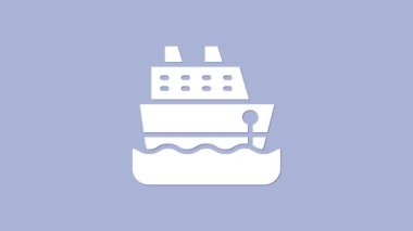 Beyaz Yolcu gemisi simgesi mor arka planda izole edildi. Seyahat turizmi deniz taşımacılığı. Yolcu gemisi, yolcu gemisi. Dünya çapında bir gezi. 4K Video hareketli grafik canlandırması