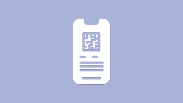 White Online reserva de entradas y compra icono de la interfaz de la aplicación aislado sobre fondo púrpura. Pedido de boletos electrónicos. Billete electrónico de tren en pantalla. Animación gráfica de vídeo 4K — Vídeo de stock